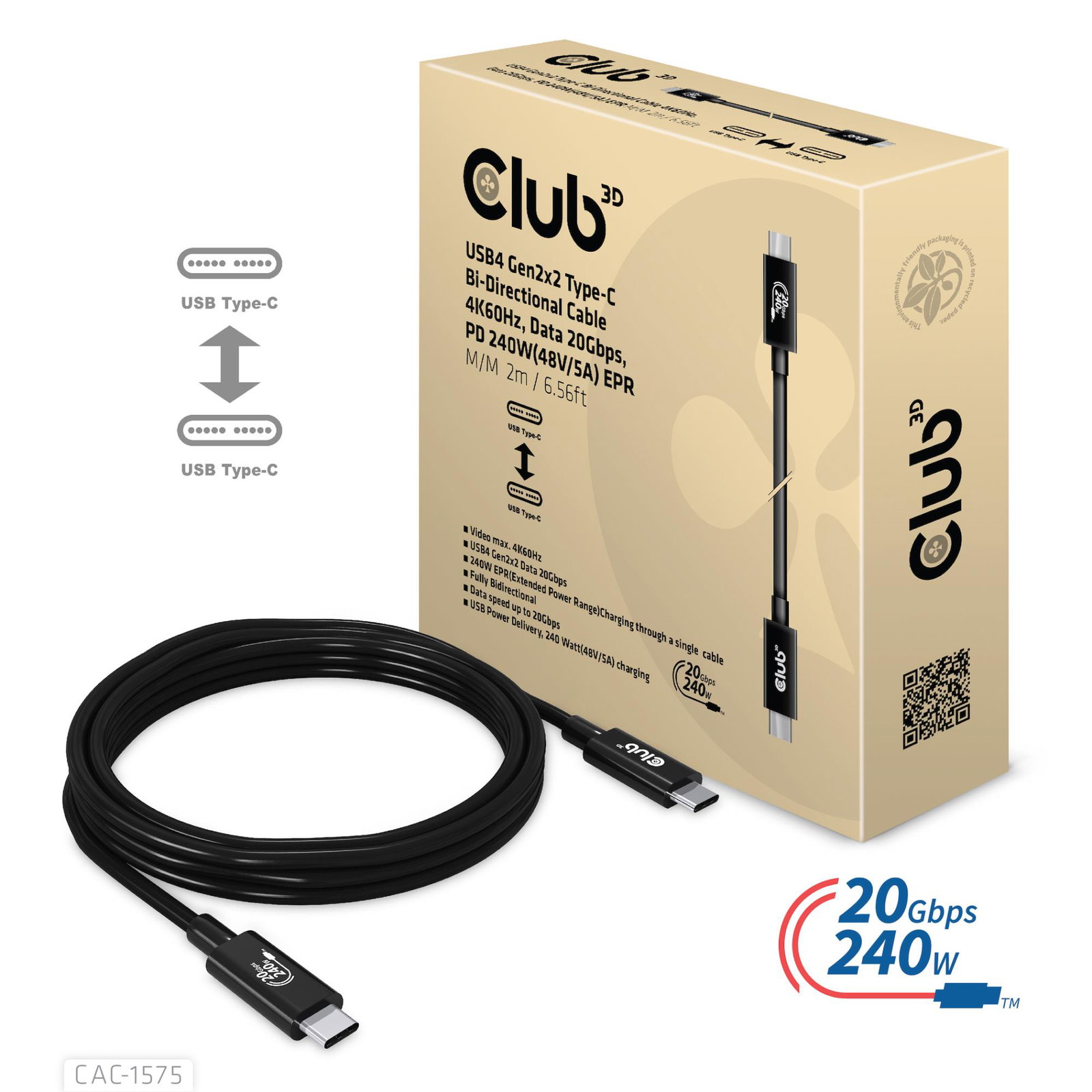 CABLE USB-C TO USB-C 2M/M/M CAC-1575 CLUB3D