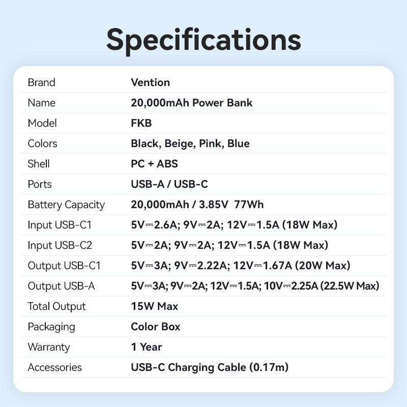 POWER BANK USB 20000MAH 22.5W/BLACK FKBB0-C VENTION