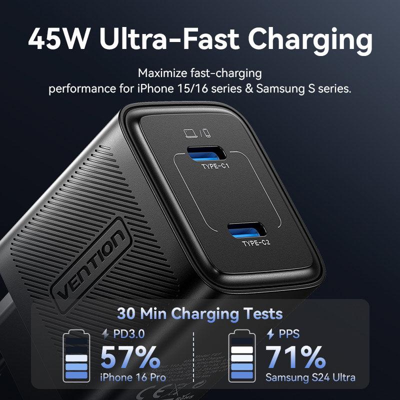 MOBILE CHARGER WALL 45W USB-C/2P BLACK FEFB0-EU VENTION