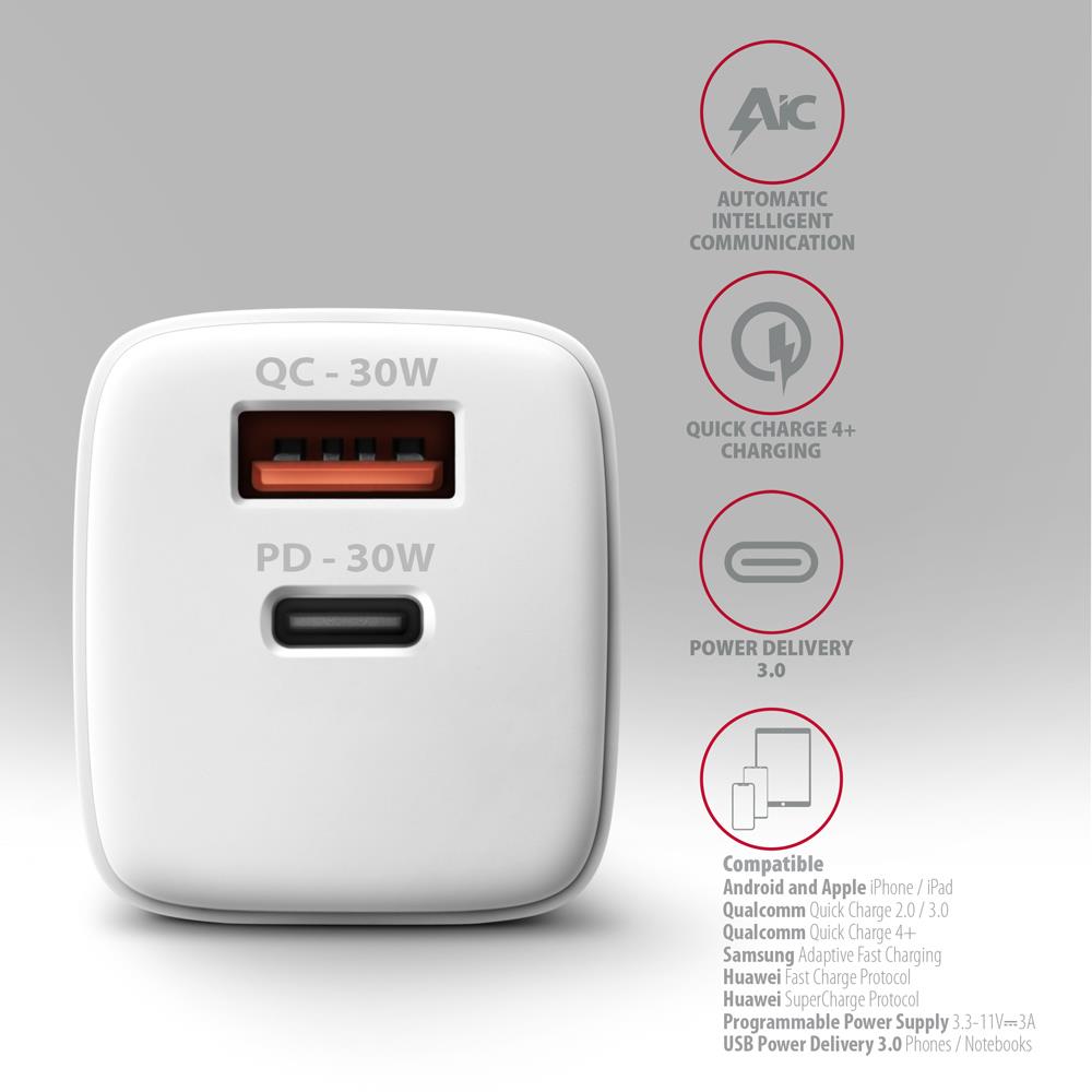 MOBILE CHARGER WALL USB 30W/2PORT WHITE ACU-PQ30W AXAGON