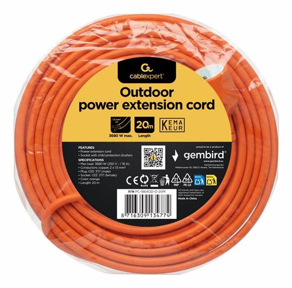 CABLE POWER EXTENSION 20M/ORANGE PC-186XOD-O-20M GEMBIRD