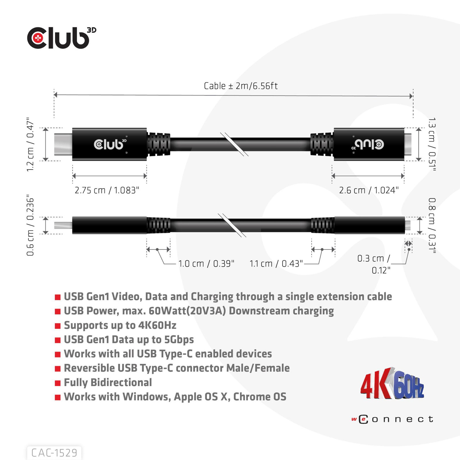 CABLE USB-C TO USB-C 2M/M/F CAC-1529 CLUB3D