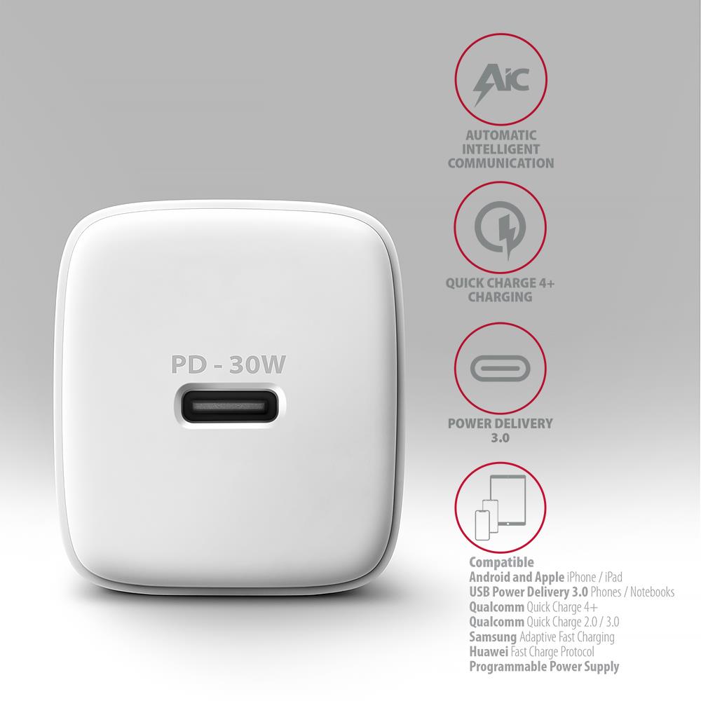 MOBILE CHARGER WALL USB-C 30W/1PORT WHITE ACU-PD30W AXAGON