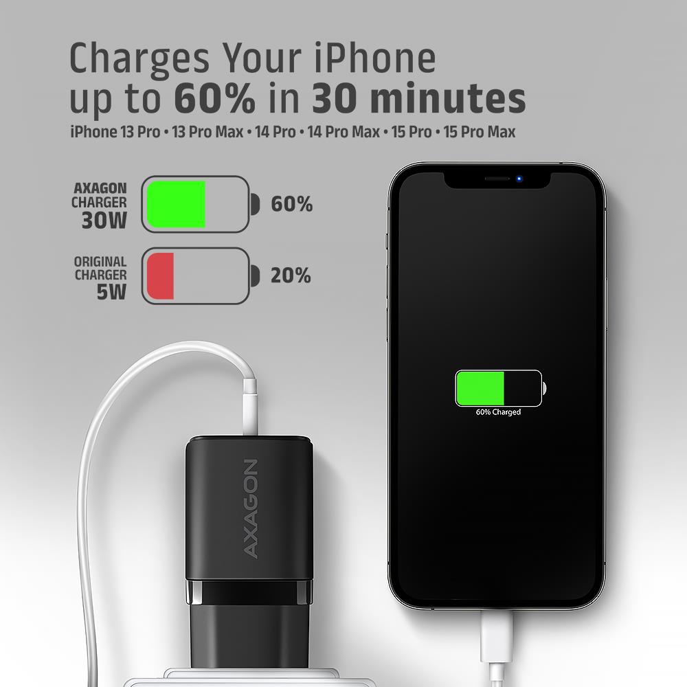 MOBILE CHARGER WALL USB-C 30W/1PORT BLACK ACU-PD30 AXAGON