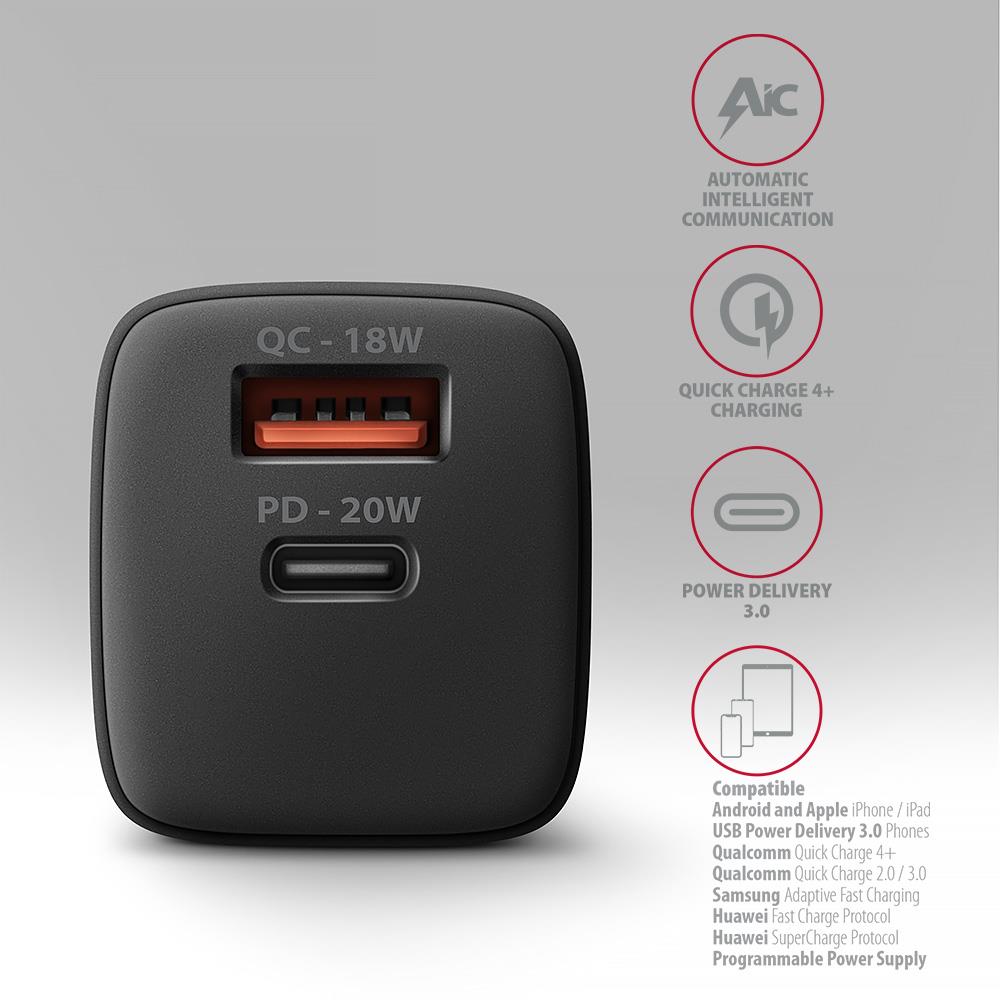 MOBILE CHARGER WALL USB 20W/2PORT BLACK ACU-PQ20 AXAGON