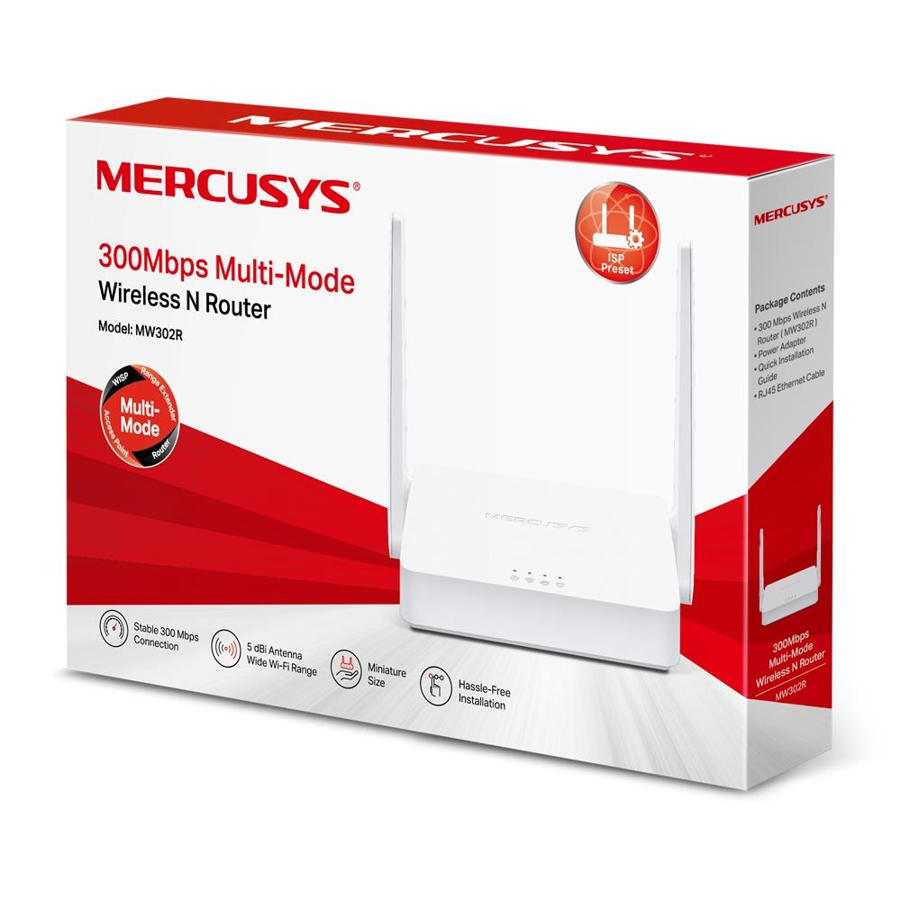 Wireless Router MERCUSYS Wi-Fi 4 (802.11n) Data speed 300 Mbit/s Ethernet WAN Yes WAN connection type RJ-45 Ethernet LAN Yes 3xLAN ports MW302R