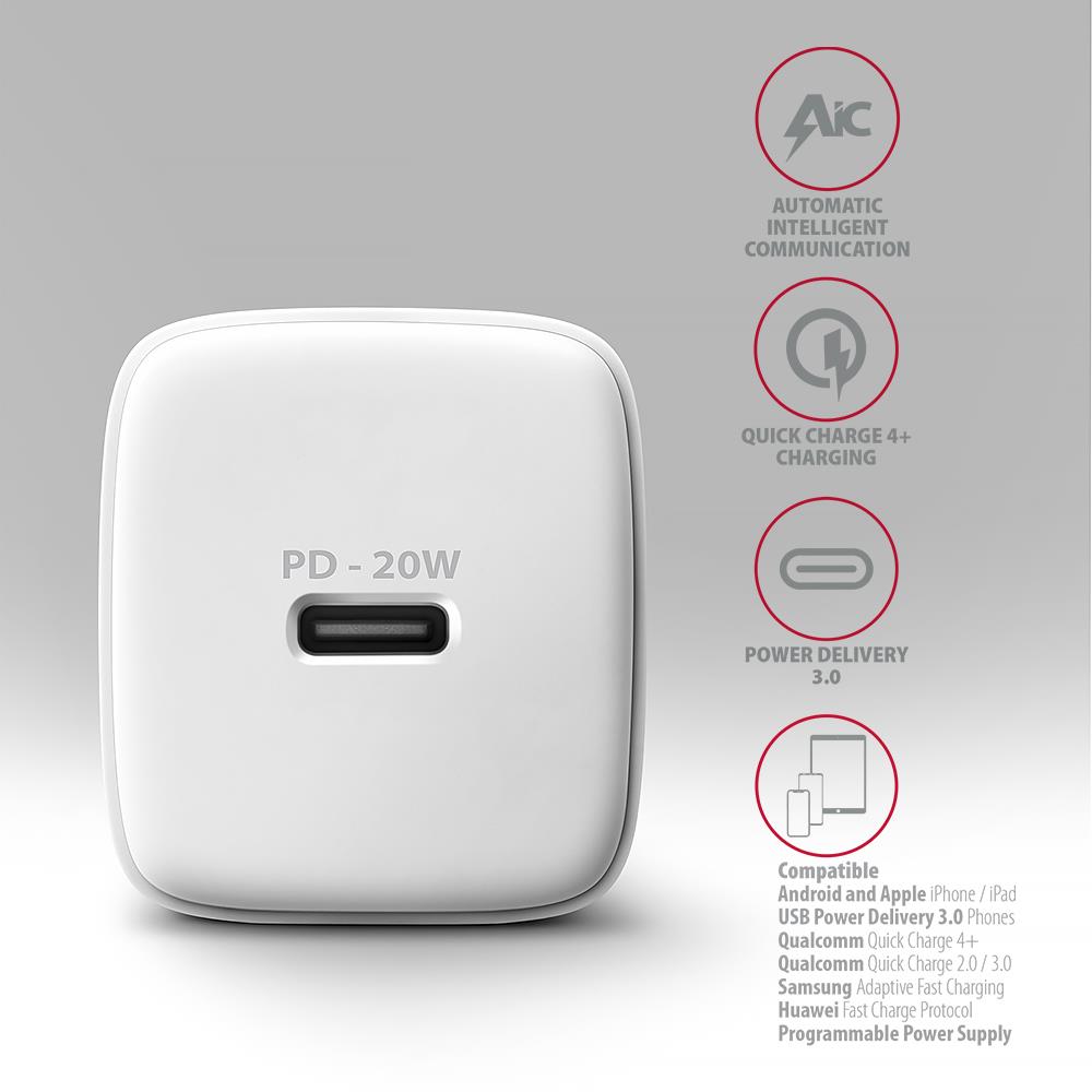 MOBILE CHARGER WALL USB-C 20W/1PORT WHITE ACU-PD20W AXAGON