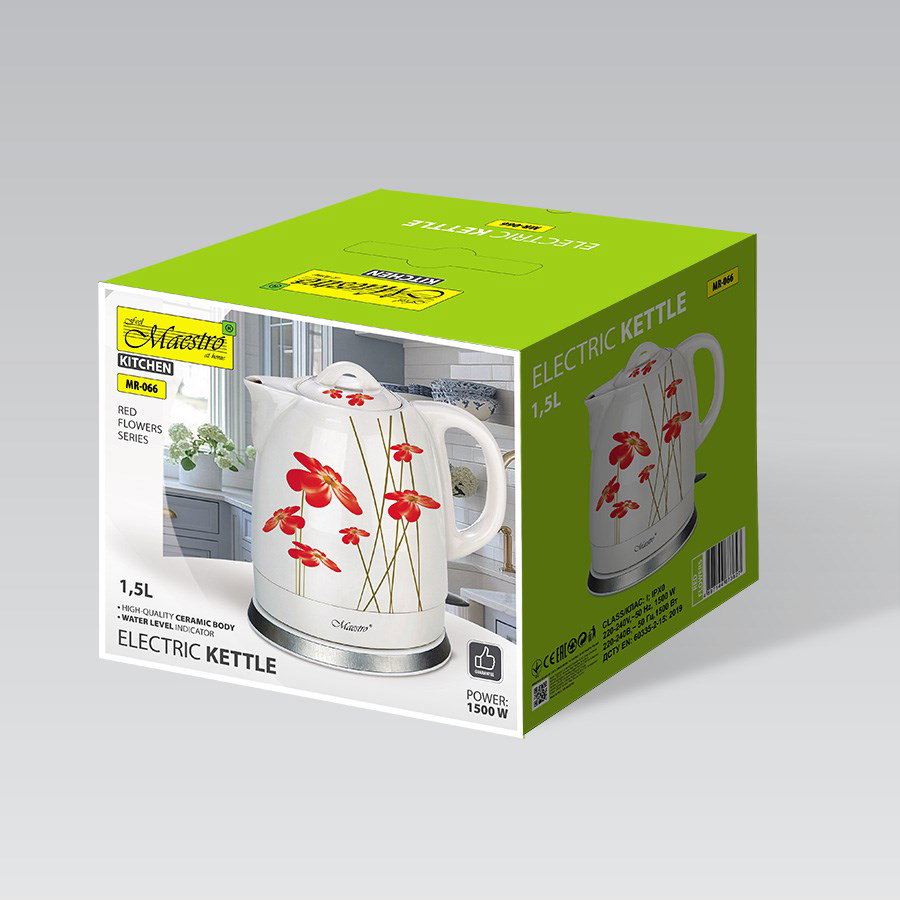 Feel-Maestro MR-066-RED FLOWERS electric kettle 1.5 L 1200 W Red, White