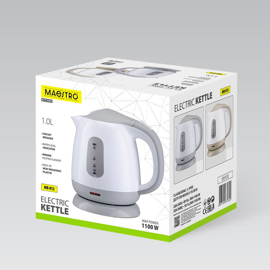 MAESTRO MR-012-BEIGE electric kettle 1 L 1100 W Beige, White