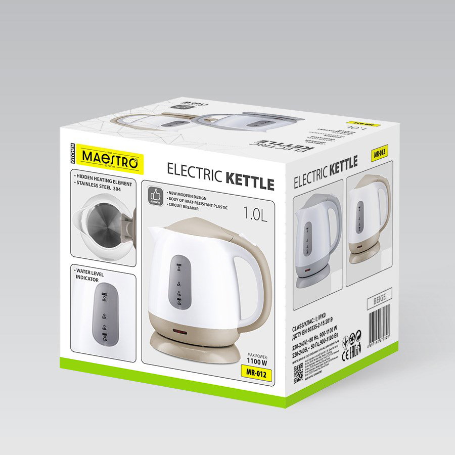 MAESTRO MR-012-BEIGE electric kettle 1 L 1100 W Beige, White