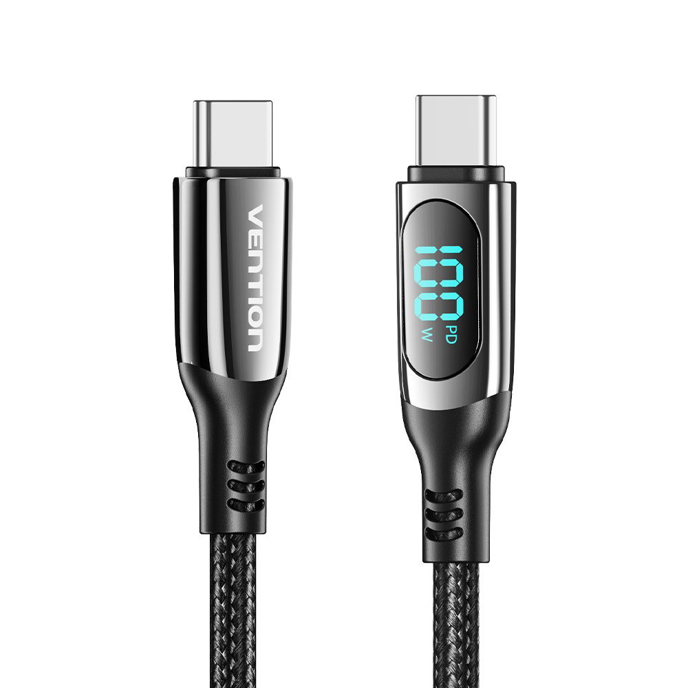 Vention Cotton Braided USB 2.0 C Male to C Male 5A Cable With LED Display 1.2M Black Zinc Alloy Type