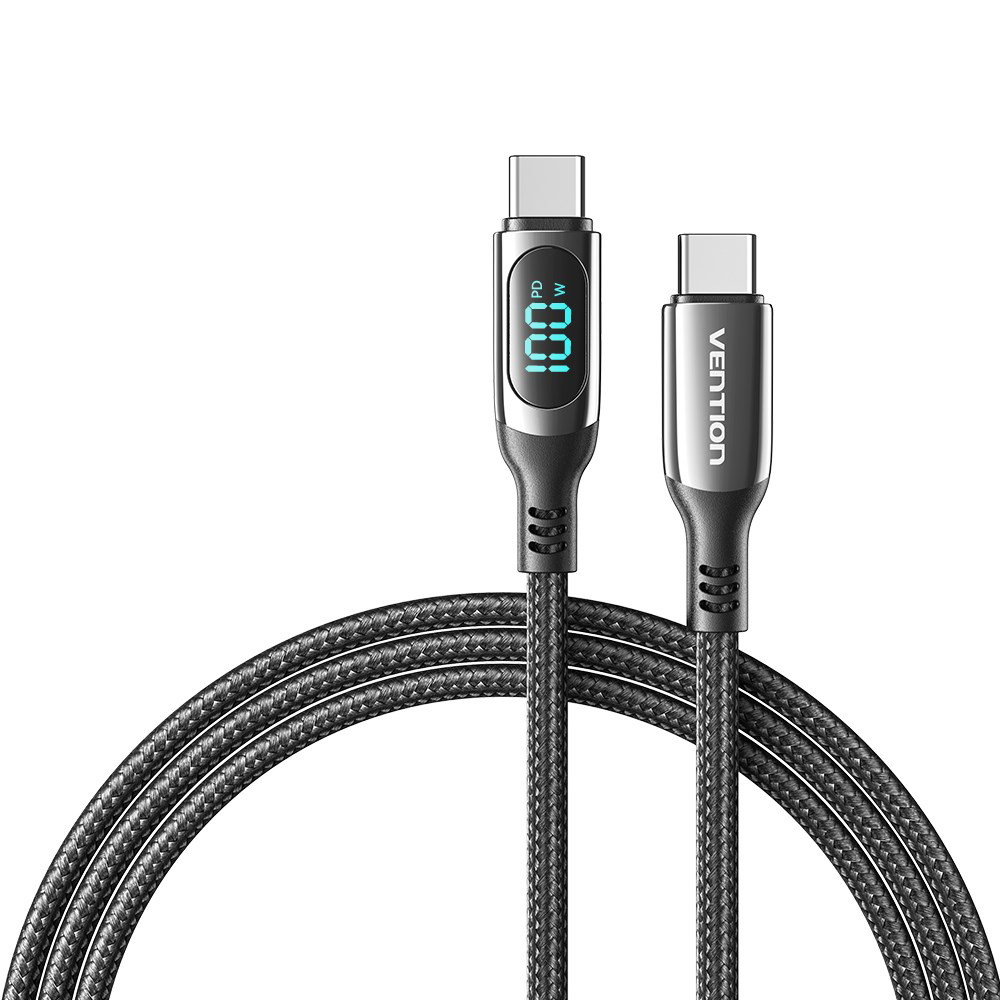 Vention Cotton Braided USB 2.0 C Male to C Male 5A Cable With LED Display 1.2M Black Zinc Alloy Type