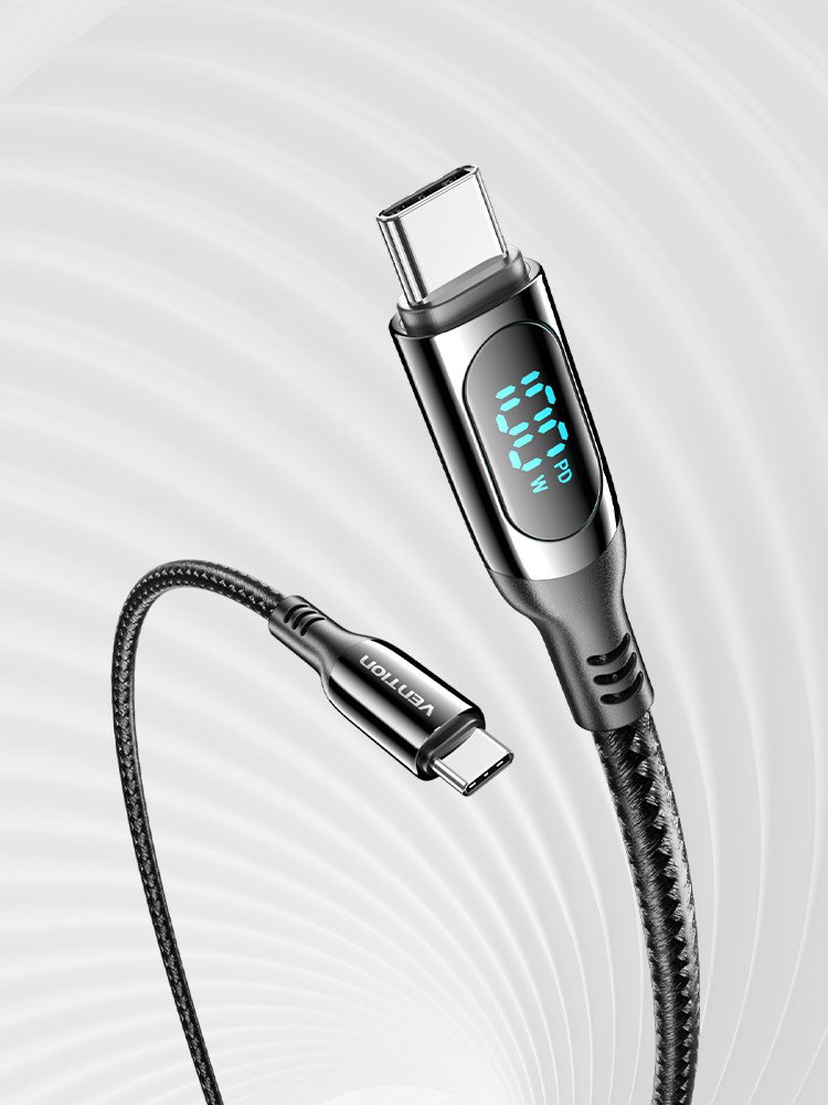Vention Cotton Braided USB 2.0 C Male to C Male 5A Cable With LED Display 1.2M Black Zinc Alloy Type