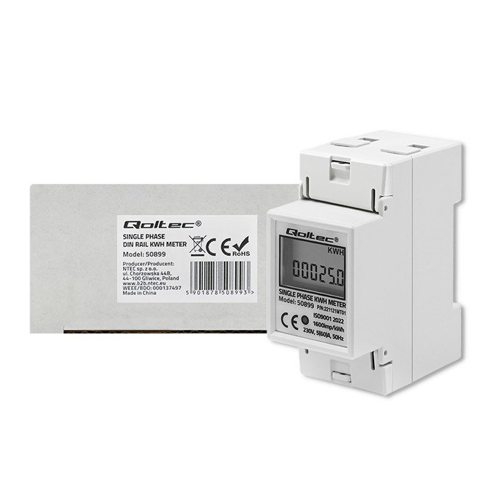 Qoltec 50899 Single phase electronic energy consumption meter 230 V LCD 2P DIN rail