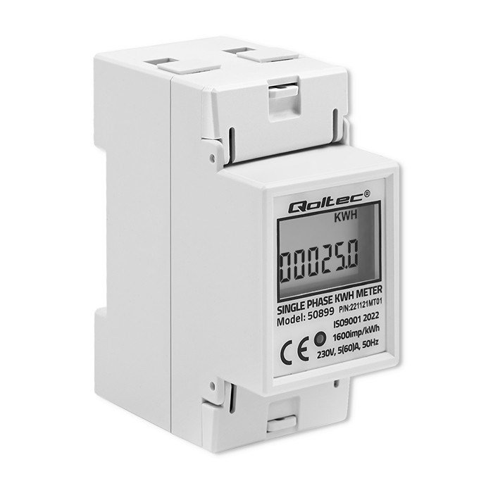 Qoltec 50899 Single phase electronic energy consumption meter 230 V LCD 2P DIN rail