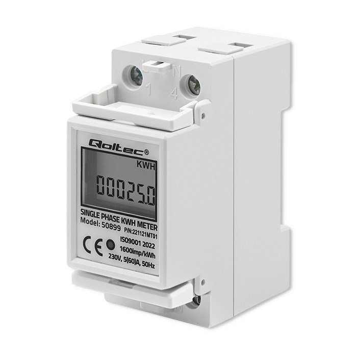 Qoltec 50899 Single phase electronic energy consumption meter 230 V LCD 2P DIN rail