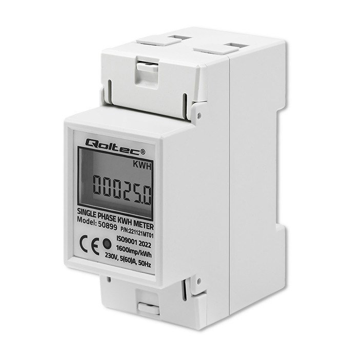 Qoltec 50899 Single phase electronic energy consumption meter 230 V LCD 2P DIN rail