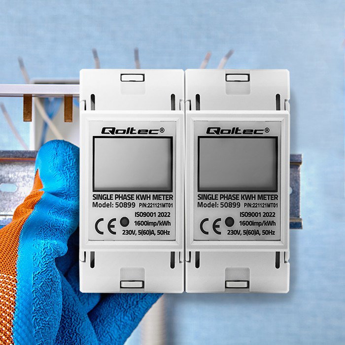 Qoltec 50899 Single phase electronic energy consumption meter 230 V LCD 2P DIN rail