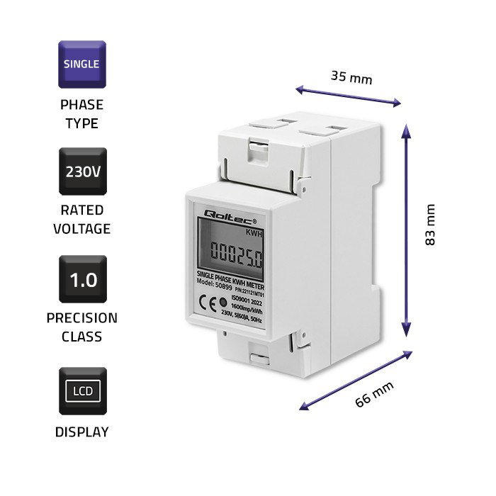 Qoltec 50899 Single phase electronic energy consumption meter 230 V LCD 2P DIN rail