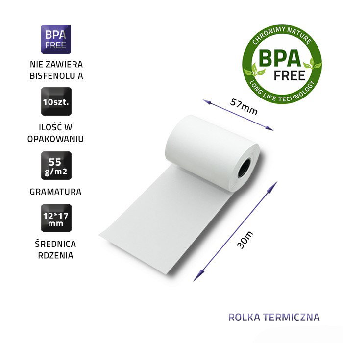 Qoltec 51895 Thermal roll 57 x 30 55g m2 10 pcs. BPA free
