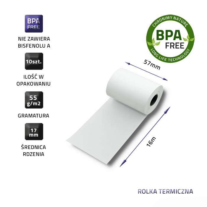 Qoltec 51899 Thermal roll 57 x 16 55g m2 10 pcs. BPA free