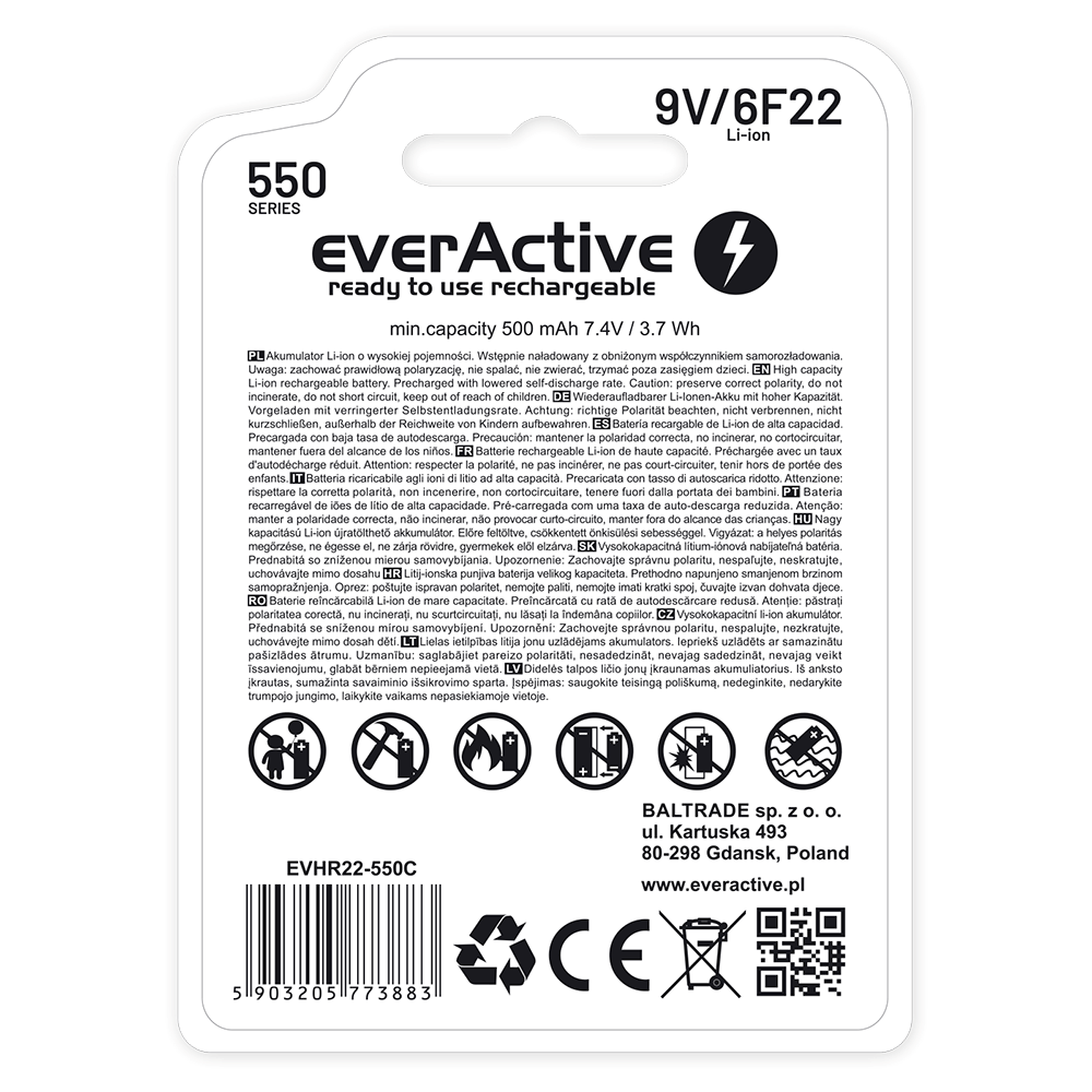 Rechargeable battery everActive 6F22/9V Li-ion 550 mAh with USB TYPE C