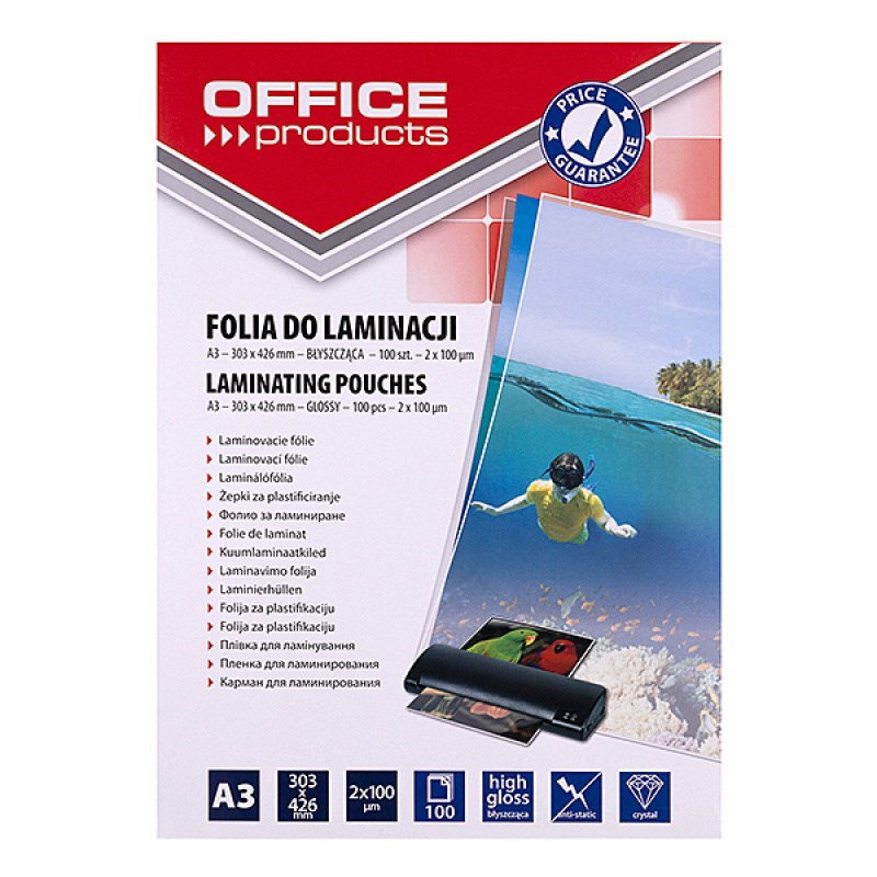 OFFICE PRODUCTS Laminating film, A3, 2x100 microns, glossy, 100 sheets, transparent