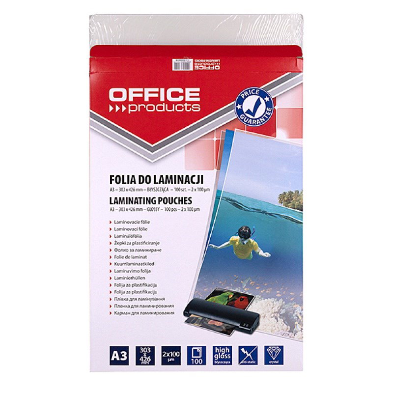 OFFICE PRODUCTS Laminating film, A3, 2x100 microns, glossy, 100 sheets, transparent