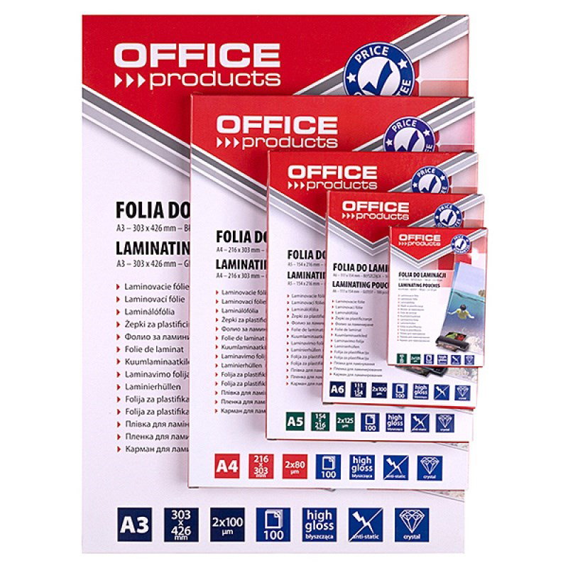 OFFICE PRODUCTS Laminating film, A3, 2x100 microns, glossy, 100 sheets, transparent
