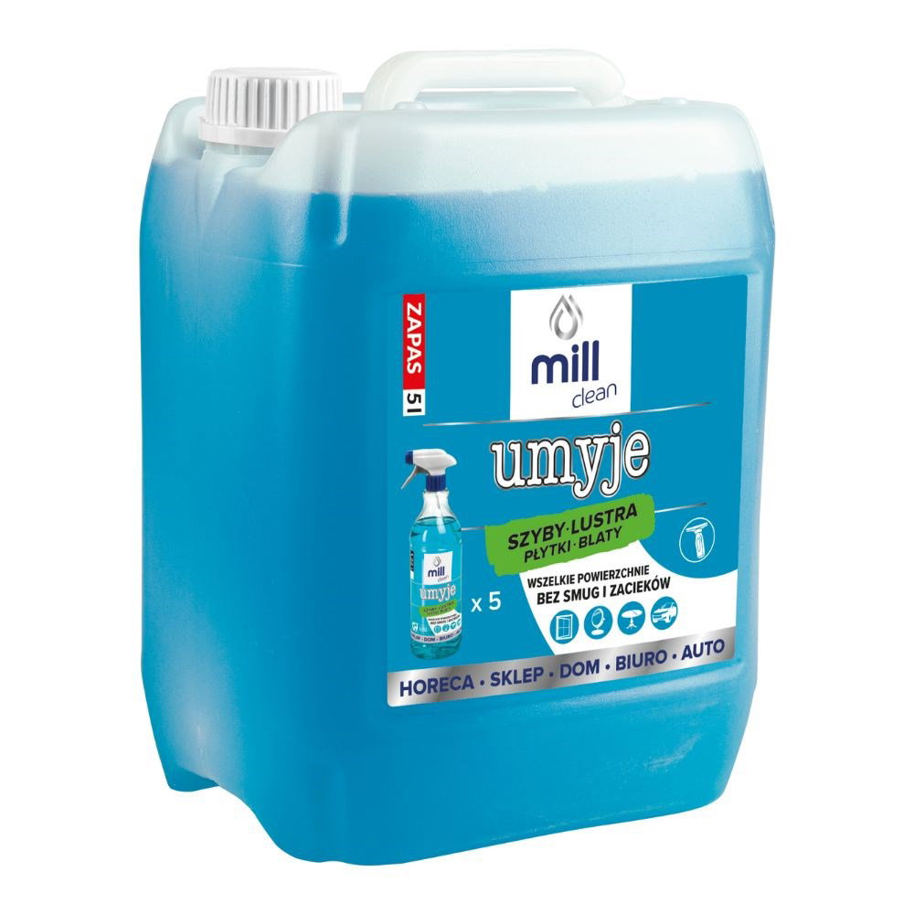MILL CLEAN CLEANS 5 liters. A liquid cleaner for windows, mirrors, tiles, and countertops. It removes dust and grease stains without leaving streaks or smudges. The large 5-liter canister is ideal for cleaning companies, hotels, and offices.