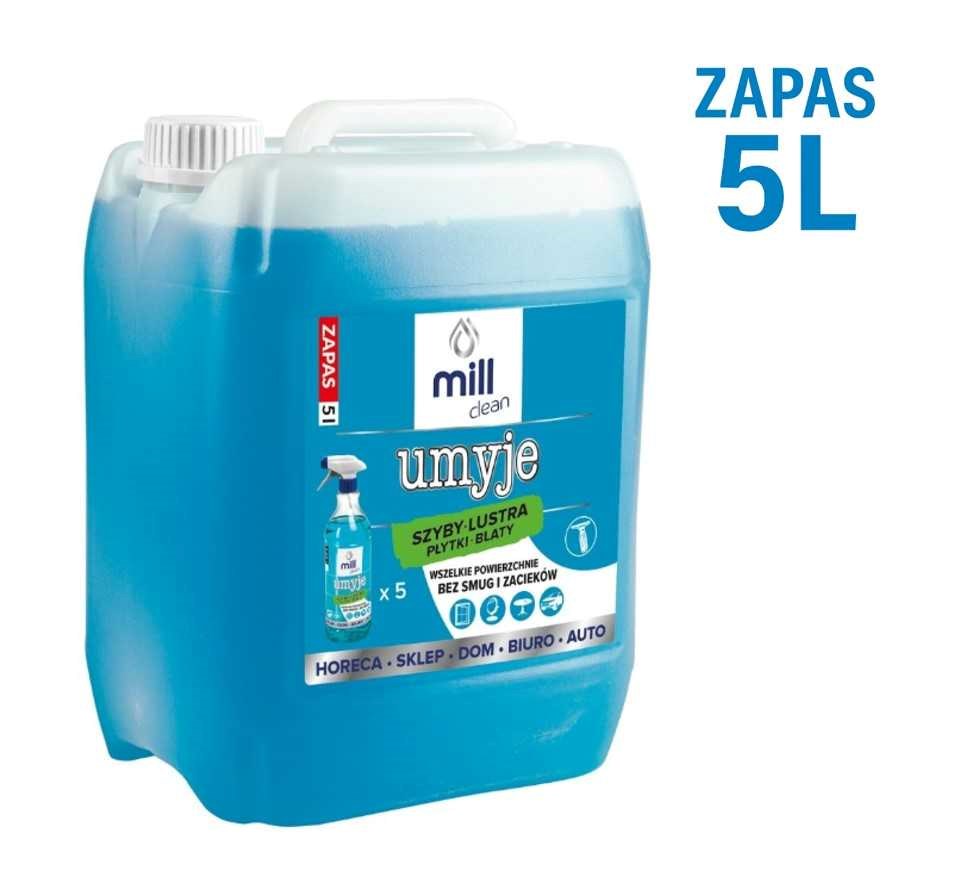 MILL CLEAN CLEANS 5 liters. A liquid cleaner for windows, mirrors, tiles, and countertops. It removes dust and grease stains without leaving streaks or smudges. The large 5-liter canister is ideal for cleaning companies, hotels, and offices.