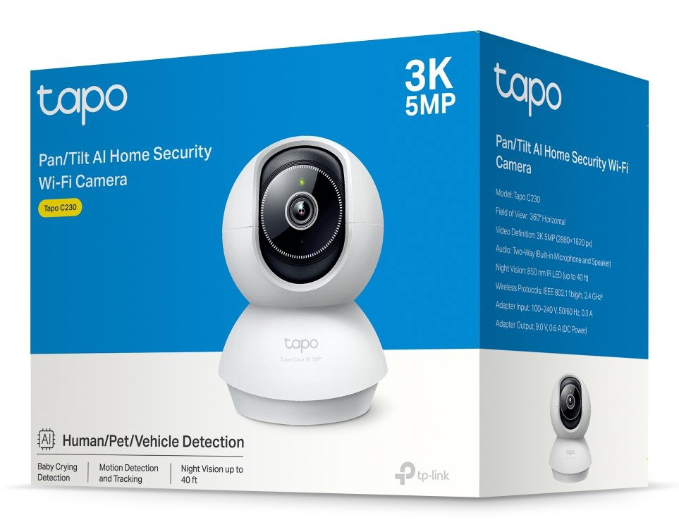 TP-Link Tapo Pan/Tilt AI Home Security Wi-Fi Camera SPEC: 3K 5MP (28801620), 2.4 GHz, Horizontal 360