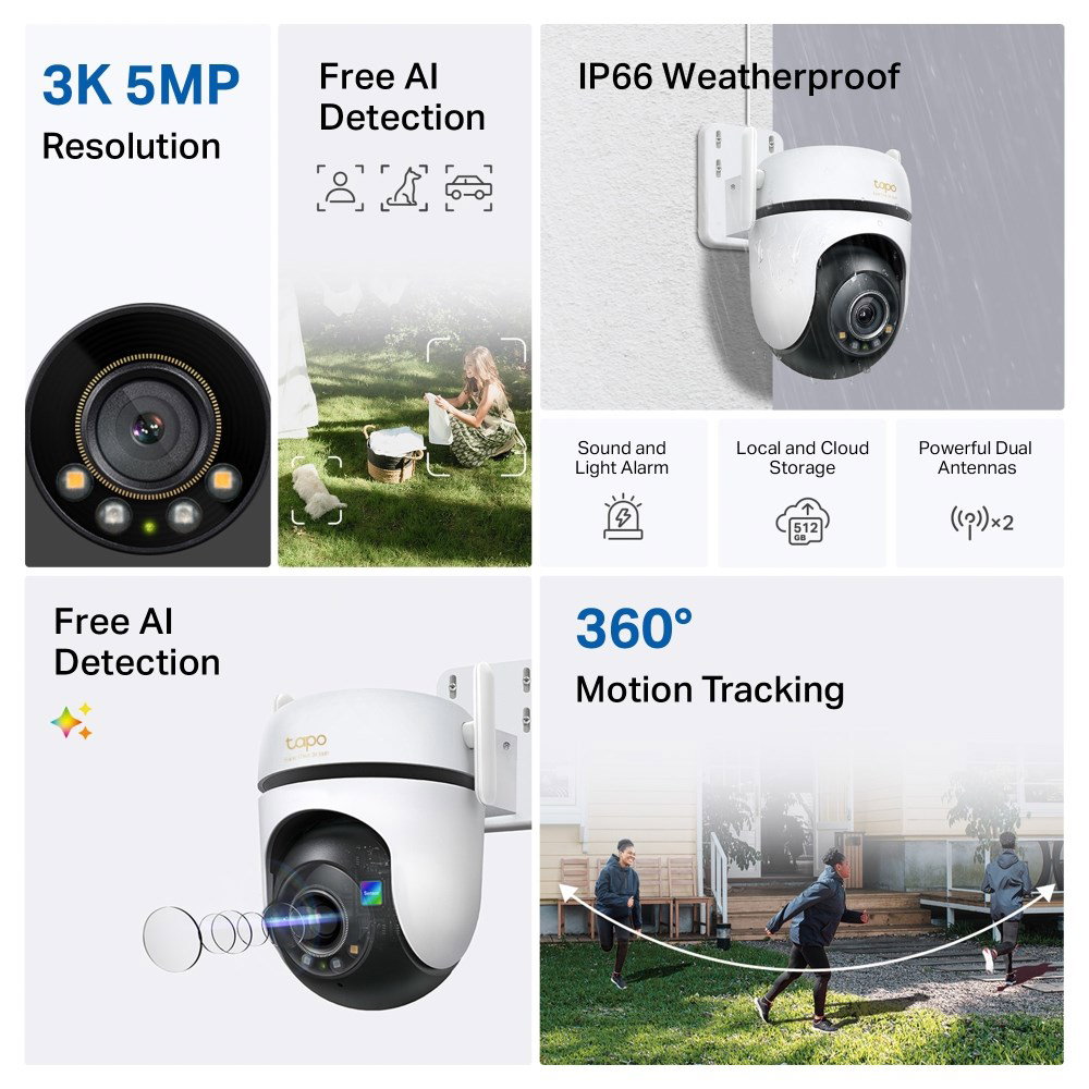 TP-Link Outdoor Pan/Tilt Security Wi-Fi Camera SPEC: 3K 5MP (2880x1620), 2.4 GHz, 2 External Antennas, 1 Ethernet Port, Horizontal 360
