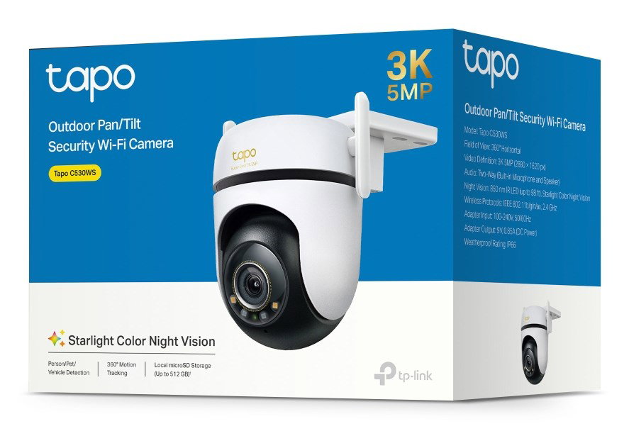 TP-Link Outdoor Pan/Tilt Security Wi-Fi Camera SPEC: 3K 5MP (2880x1620), 2.4 GHz, 2 External Antennas, 1 Ethernet Port, Horizontal 360