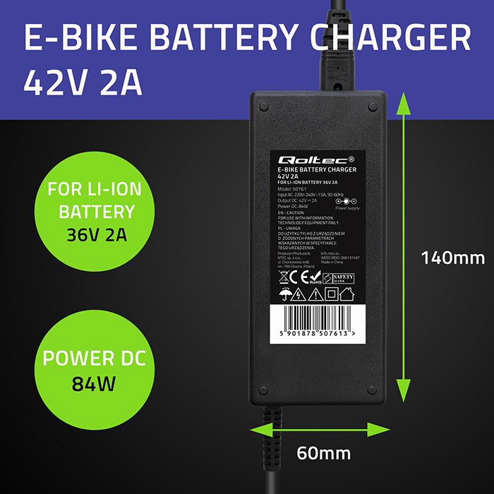 Qoltec 50761 Charger for e-bike batteries 36V 42V 2A 5.5*2.5