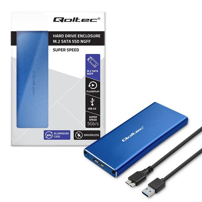 Qoltec 51832 Enclosure M.2 SSD drive SATA NGFF USB 3.0 Super speed 5Gb/s 2TB Blue