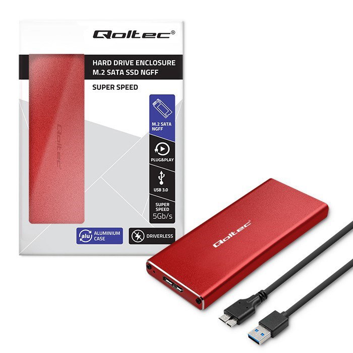 Qoltec 51831 Enclosure M.2 SSD drive SATA NGFF USB 3.0 Super speed 5Gb/s 2TB Red