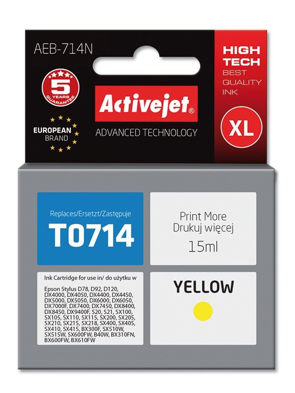 Activejet AEB-714N Ink (replacement for Epson T0714, T0894, T1004; Supreme; 15 ml; yellow)