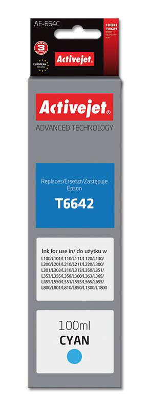Activejet AE-664C Ink Bottle (Replacement, Epson T6642; Supreme; 100 ml; Cyan)