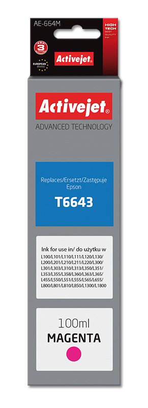 Activejet AE-664M Ink Bottle (Replacement, Epson T6643; Supreme; 100 ml; Magenta)