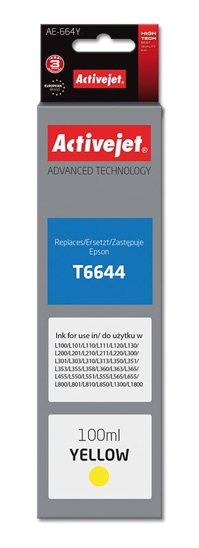 Activejet AE-664Y Ink Bottle (Replacement Epson T6644; Supreme; 100 ml; Yellow)