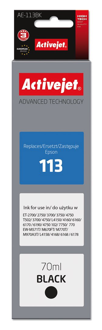 Activejet AE-113Bk Ink Bottle (Replacement Epson 113 C13T06B140; Supreme; 70ml; Black)