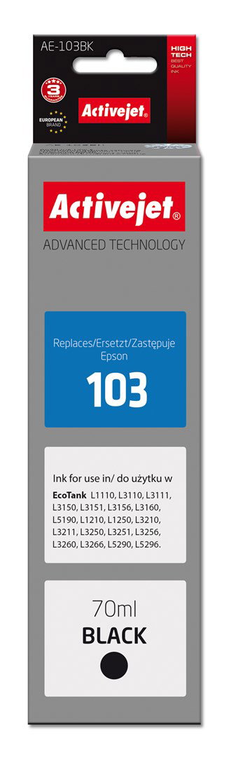 Activejet AE-103Bk Ink Bottle (Replaces Epson 103 C13T00S14A; Supreme; 70 ml; 4500, black).
