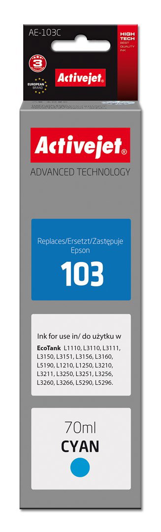 Activejet AE-103C Ink Bottle (Replaces Epson 103 C13T00S24A; Supreme; 70 ml; Cyan)