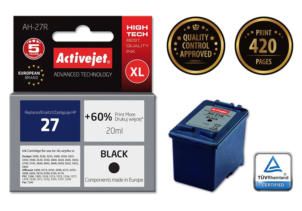 Activejet AH-27R Ink (replacement for HP 27 C8727A; Premium; 20 ml; black)