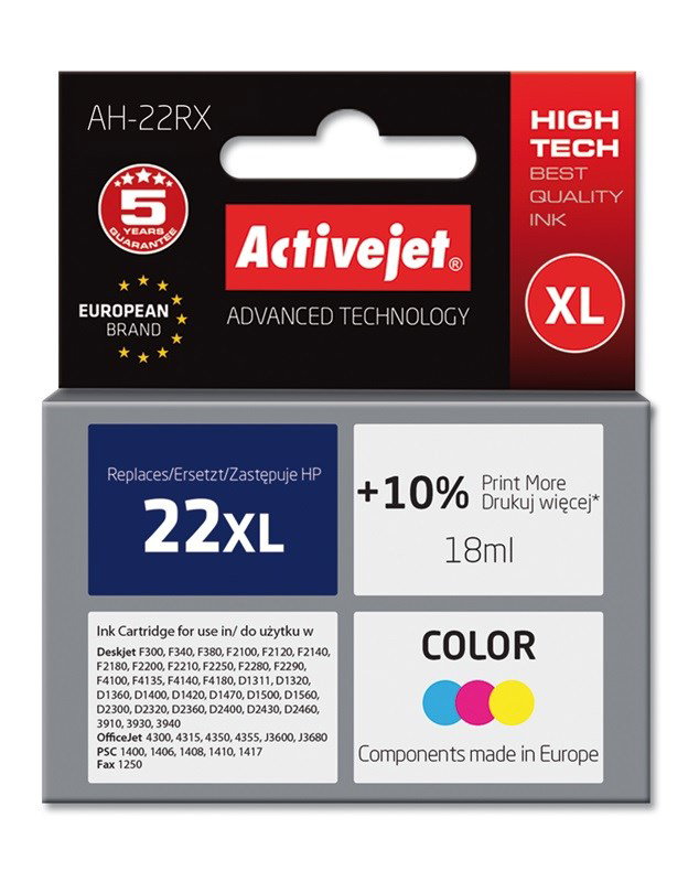 Activejet AH-22RX Ink (replacement for HP 22XL C9352A; Premium; 18 ml; color)