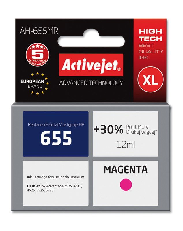 Activejet AH-655MR Ink (replacement for HP 655 CZ111AE; Premium; 12 ml; magenta)