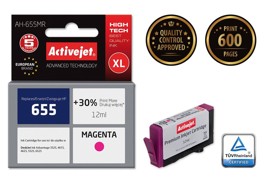 Activejet AH-655MR Ink (replacement for HP 655 CZ111AE; Premium; 12 ml; magenta)