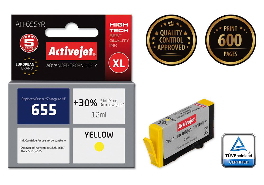 Activejet AH-655YR Ink (replacement for HP 655 CZ112AE; Premium; 12 ml; yellow)