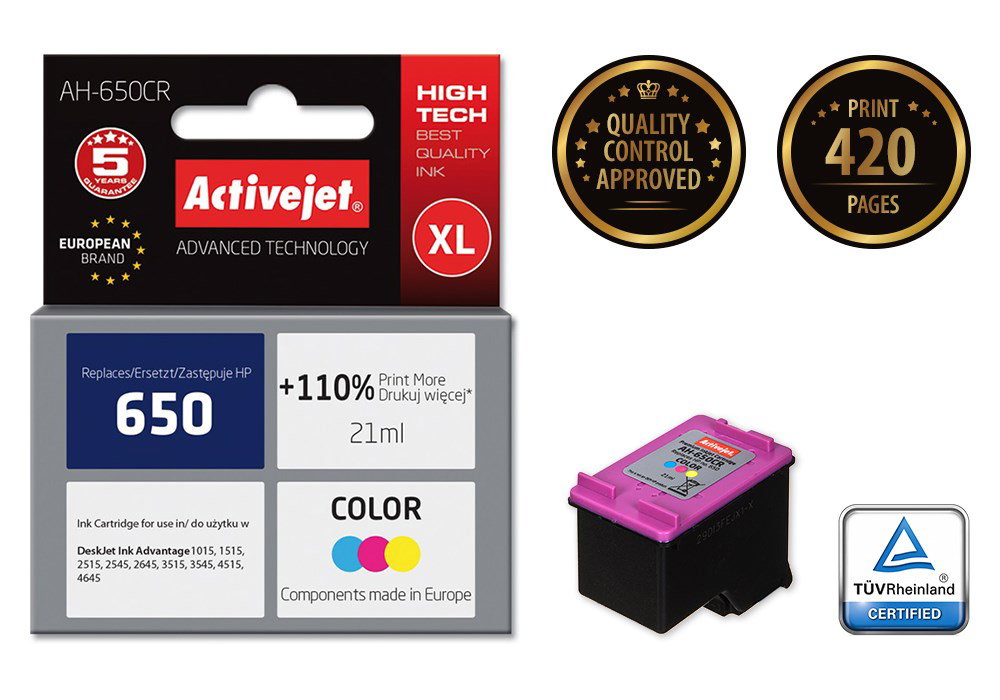 Activejet AH-650CR ink (replacement for HP 650 CZ102AE; Premium; 21 ml; color)